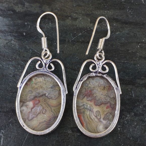 Crazy Lace Agate Stone Hook Dangle Earrings - Picture 8 of 10